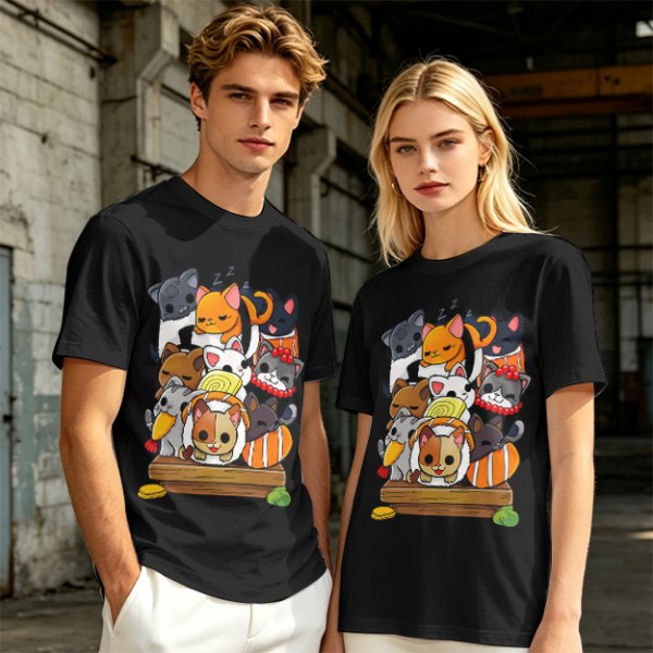 Olive T-Shirt With Cute Sushi Cat Stack Graphic Print