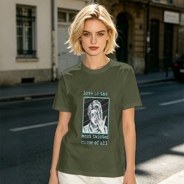 Olive Graphic T-Shirt With Twisted Love Curse Quote And Anime Art