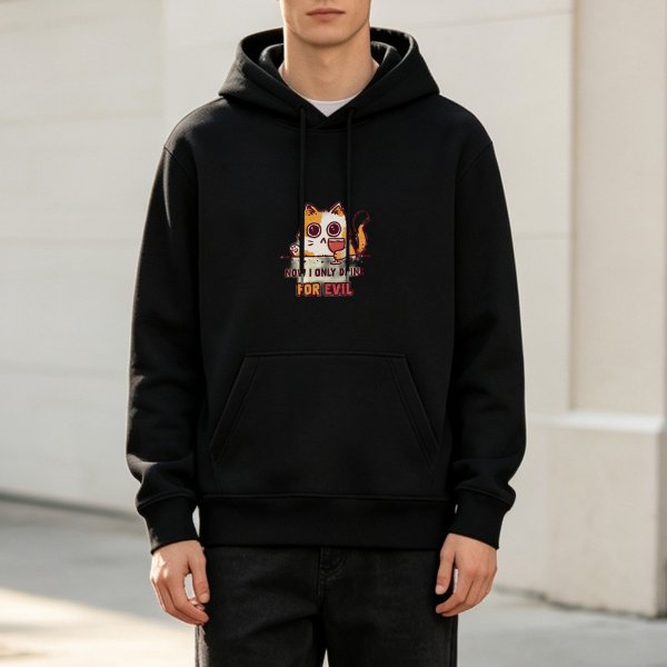 Black hoodie with a mischievous cat graphic and 'now i only drink for evil' text