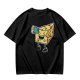 Olive T-shirt with a cartoon cheese taking a selfie and making a peace sign