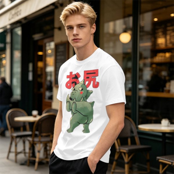 Olive T-Shirt With Cute Dinosaur Holding Its Own Butt Japanese Print