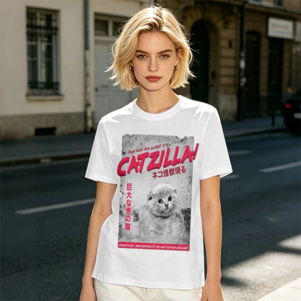 Olive green t-shirt with Catzilla giant cat monster graphic print