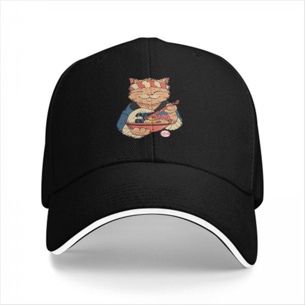 Black Baseball Cap with Ramen Chef Cat Graphic