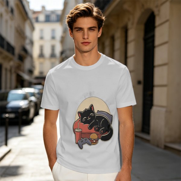 Olive T-Shirt with Relaxed Black Cat Gaming Snack Print