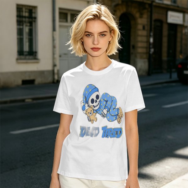 Olive T-Shirt with Sleeping Skeleton in Pajamas 'Dead Tired' Print