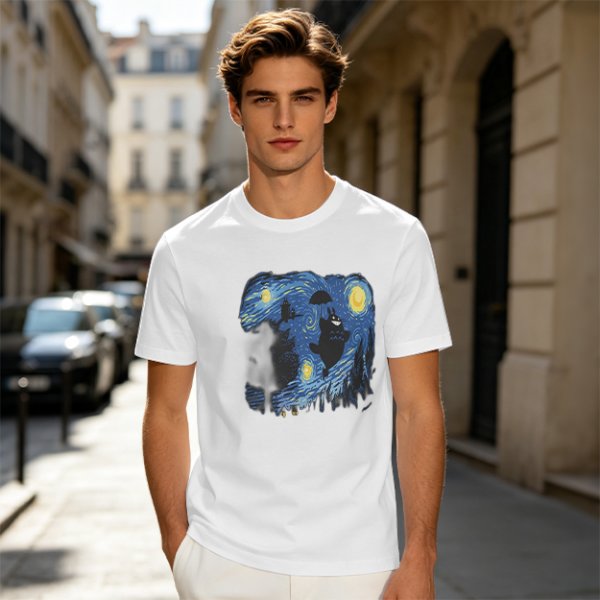 Olive T-Shirt with Starry Night Style Cat Graphic Print