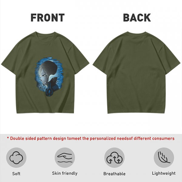Olive T-Shirt With Anime Character Profile In Blue Cosmic Print