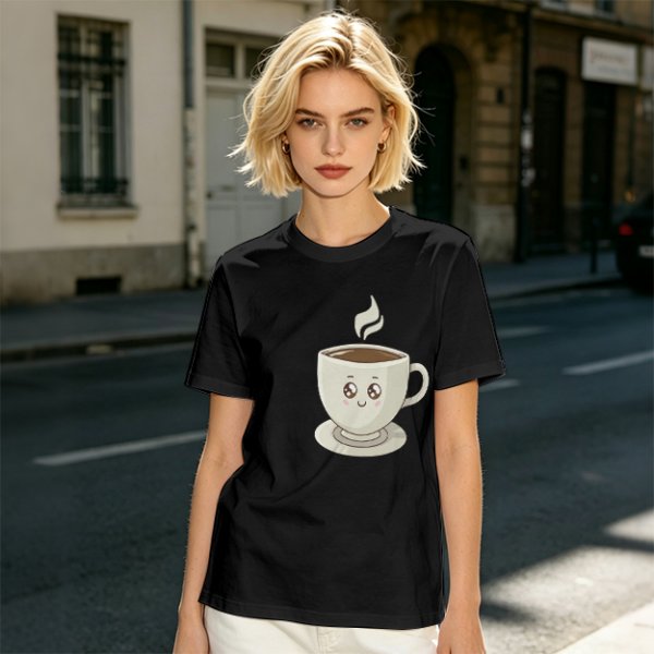 Olive Green T-Shirt With Cute Smiling Steaming Coffee Cup Print