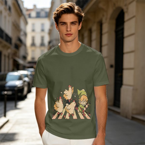 Olive Green T-Shirt With Chasing Chickens And Elf Character Print