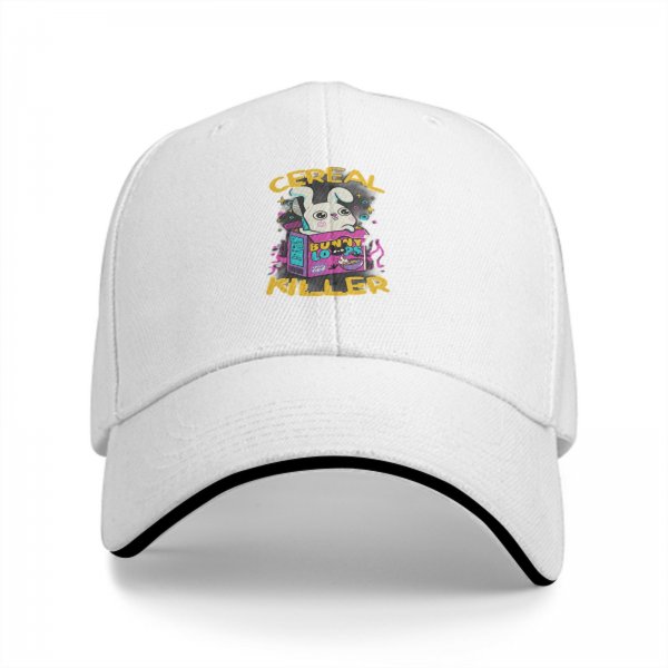 Black baseball cap with funny cereal bunny graphic design