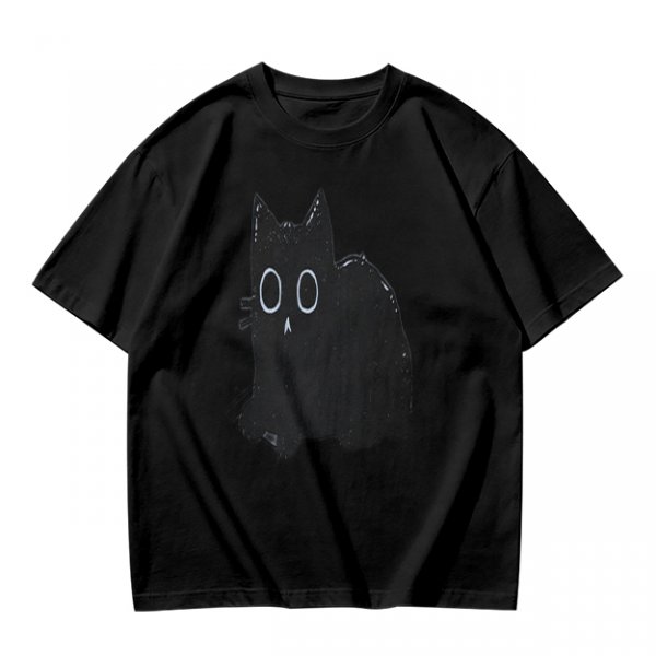 Oversized Olive T-Shirt With Black Cat Graphic Print