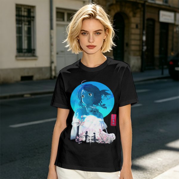 Anime girl cherry blossom scene graphic tee