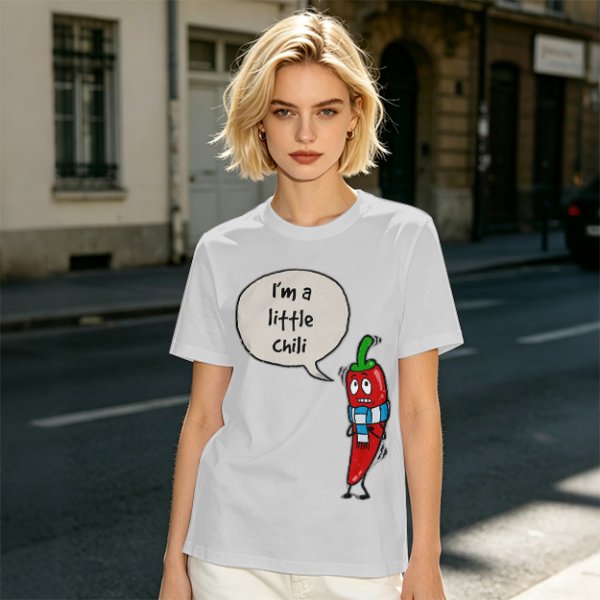 Olive green t-shirt with funny 'I'm a little chili' cartoon chili print