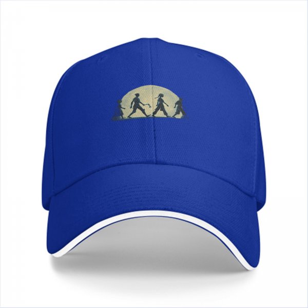 Black baseball cap with walking silhouettes against a moon backdrop