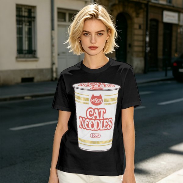 Olive T-shirt with Cat Noodles Cup Print