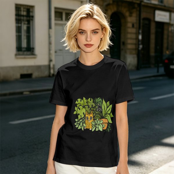 Olive T-Shirt With Playful Cat And House Plants Graphic