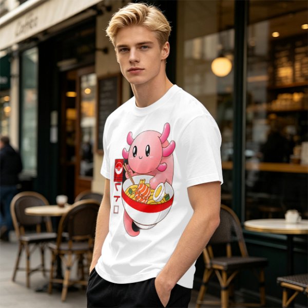 Olive T-Shirt Featuring a Cute Pink Axolotl Eating Ramen