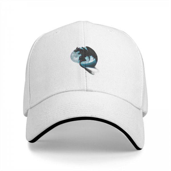Black Baseball Cap With Dragon Silhouette And Full Moon Print
