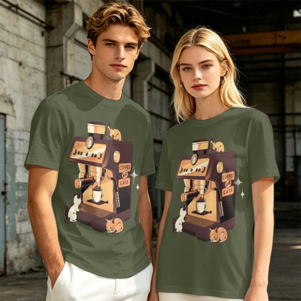 Olive t-shirt with espresso machine and cats graphic