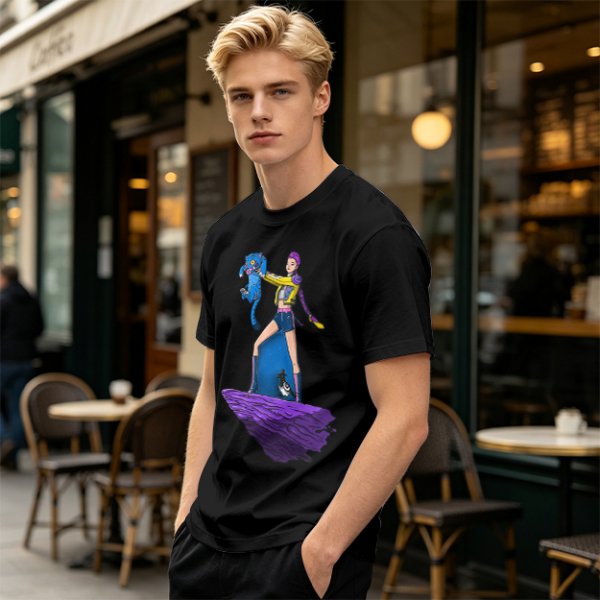 Olive T-shirt with Art Print of Girl Holding Blue Creature on Floating Rock