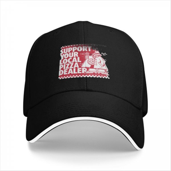Black Baseball Cap With Support Your Local Pizza Dealer Print