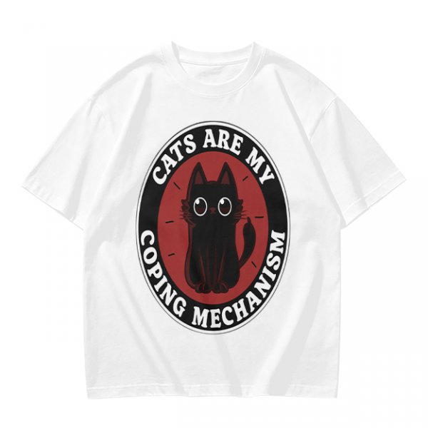 Olive t-shirt with 'Cats Are My Coping Mechanism' and black cat graphic