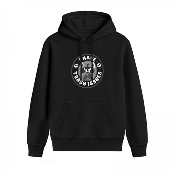 Black hoodie with 'I Have Trash Issues' cartoon dog graphic