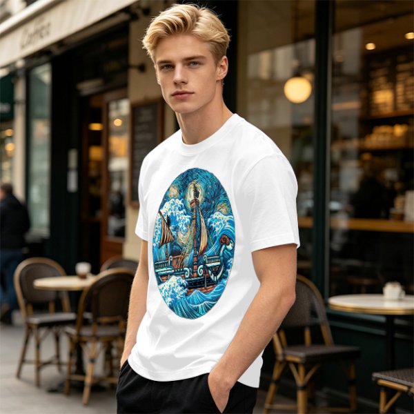 Olive T-Shirt With Starry Night Style Sailing Ship Ocean Art
