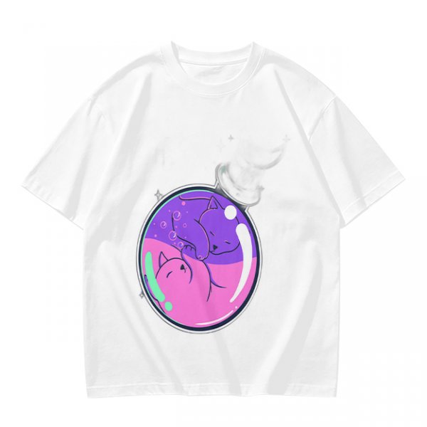 Olive T-shirt with Sleeping Cats in Colorful Bubble Graphic