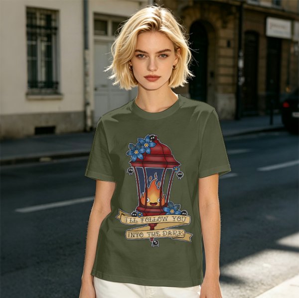 Olive t-shirt with lantern flame graphic and 'I'll follow you into the dark' text