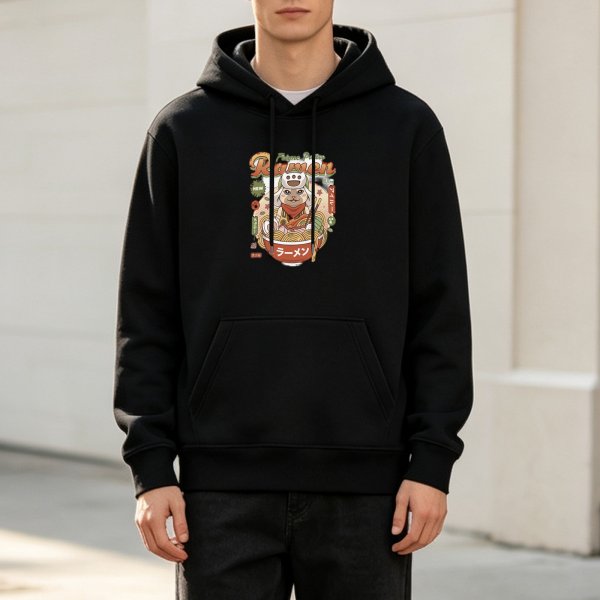 Black Hoodie With Ramen Cat Graphic Print