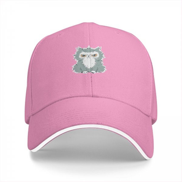 Black Baseball Cap With Grumpy Fluffy Grey Cat Graphic
