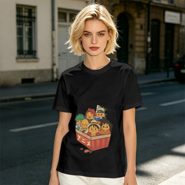 Olive T-shirt with Chibi Anime Characters in Takeout Box