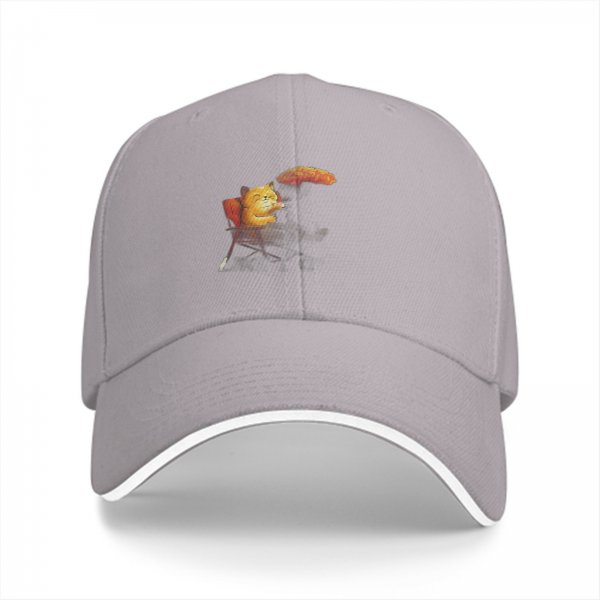 Black Baseball Cap With Relaxed Ginger Cat In Beach Chair Print