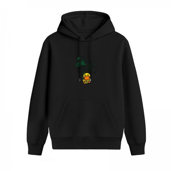 Black Hoodie With Cute Duck And Clover Graphic Print