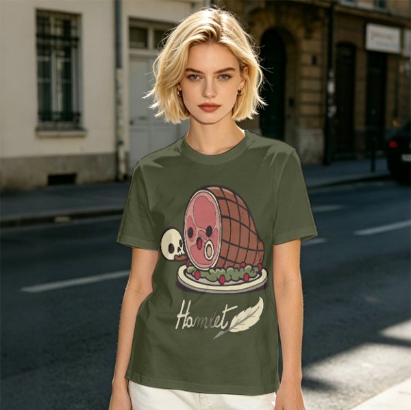 Olive T-Shirt With Funny Hamlet Ham And Skull Graphic Print