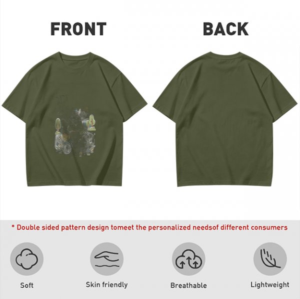 Olive Green Crewneck T-Shirt With Whimsical Graphic Print