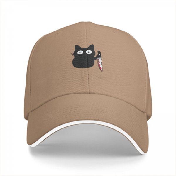 Black Baseball Cap With Cute Cat Holding Bloody Knife Print