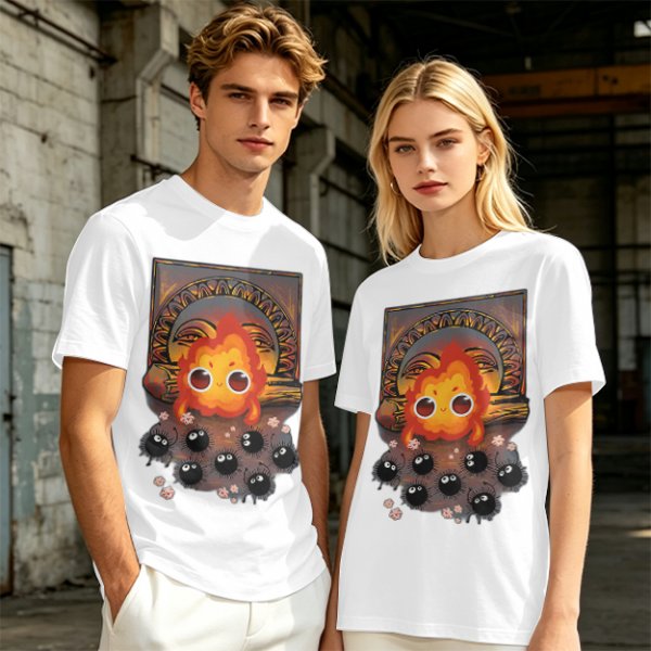 Olive t-shirt with Calcifer and soot sprites graphic print