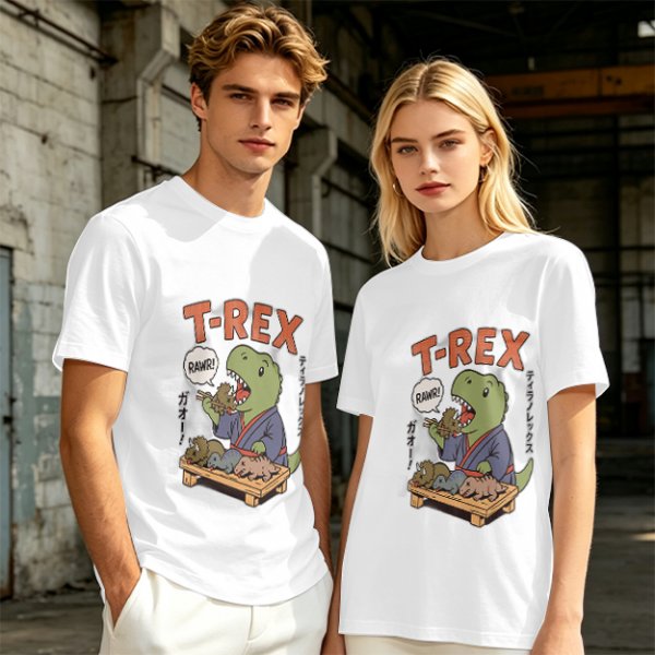 Olive T-shirt with cartoon T-Rex holding small dinosaurs and RAWR text