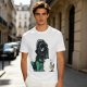 Olive T-shirt with cartoon dinosaur in Darth Vader helmet and chicken print