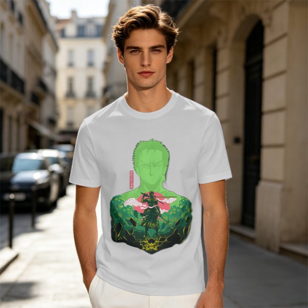 Olive Anime T-Shirt With Samurai Warrior Silhouette Art