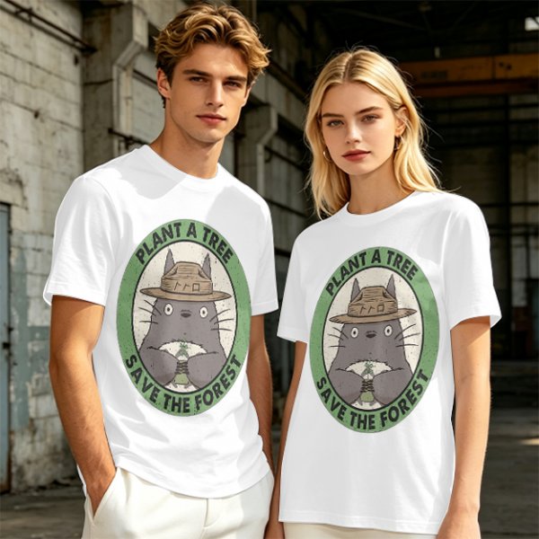 Olive green Totoro graphic t-shirt with plant a tree save the forest slogan