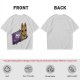 Olive T-shirt with a cartoon cat emerging from a purple chocolate wrapper print
