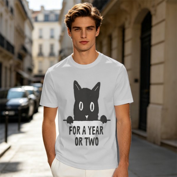 Olive graphic t-shirt with black cat holding 'for a year or two' text