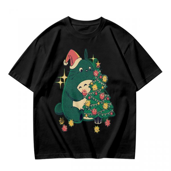 Olive Green T-Shirt With Christmas Totoro Decorating Tree Print