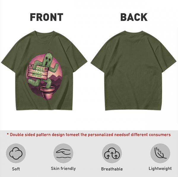 Olive T-shirt with Cartoon Cactus Free Hugs Desert Print