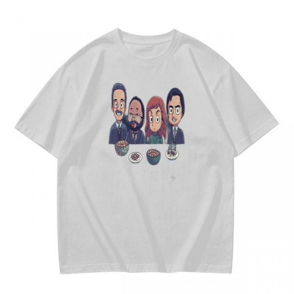 Olive T-shirt with Cartoon Group of Four People and Bowls Print