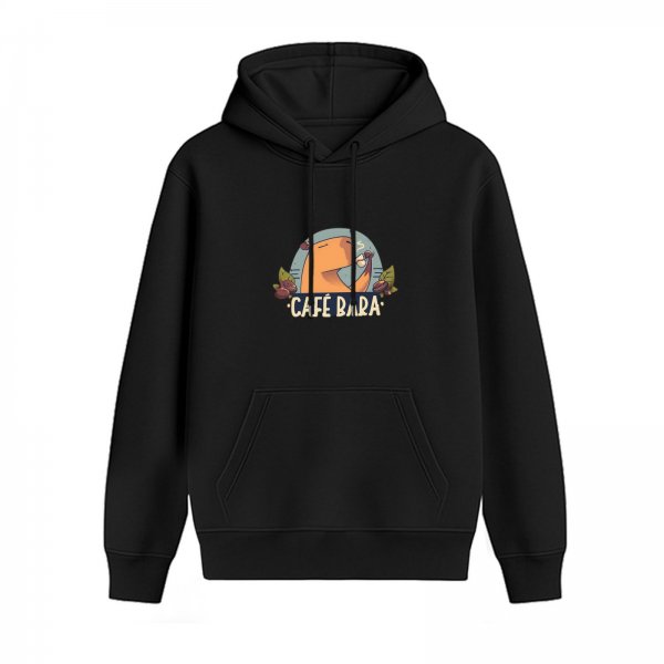Black hoodie with capybara coffee graphic design