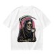 Olive T-Shirt Featuring Grim Reaper Holding Coffee and Scythe